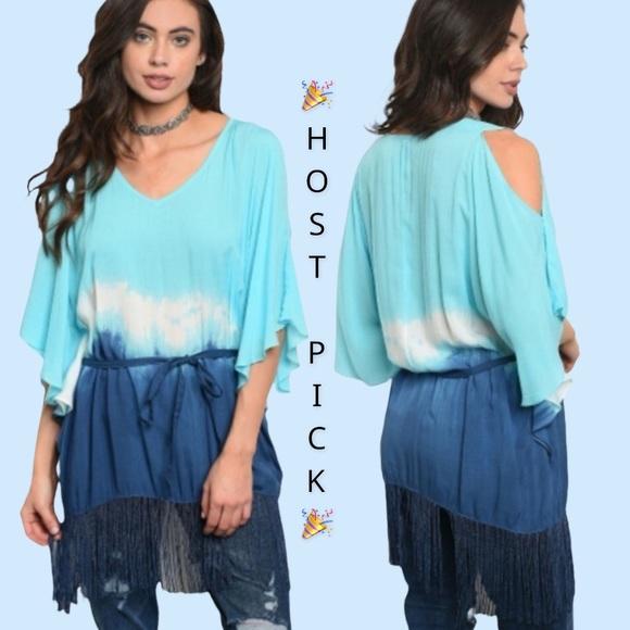 Tops - Blue Tie Dye Cold Shoulder Lightweight Tunic Fringe Tunic Top